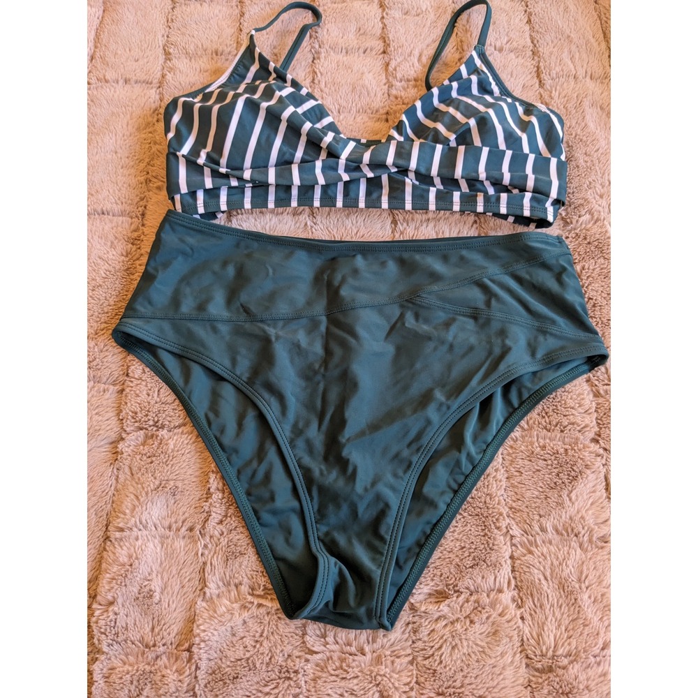 Forest Green Striped High Waisted Two Piece Bikini Set Twisted Front Bralette L